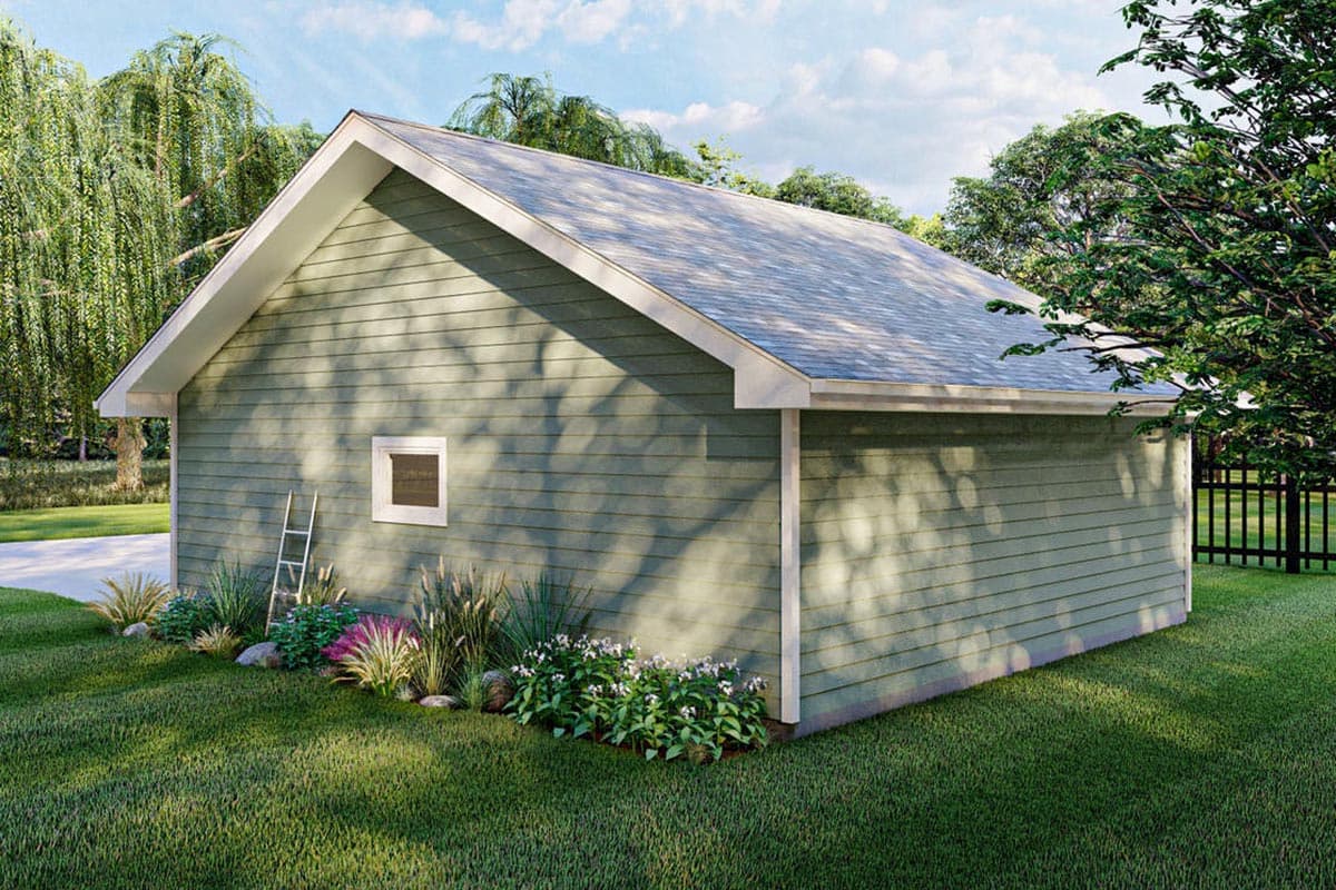 House plan exterior of a single-story structure with horizontal siding, a prominent gable end, and a single square window.