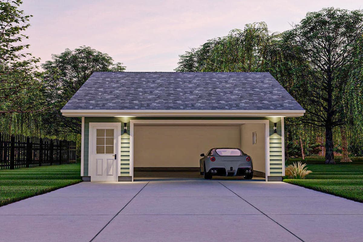 House plan exterior: One-story garage with gabled roof, symmetrical windows on either side of the main door, and a car inside.
