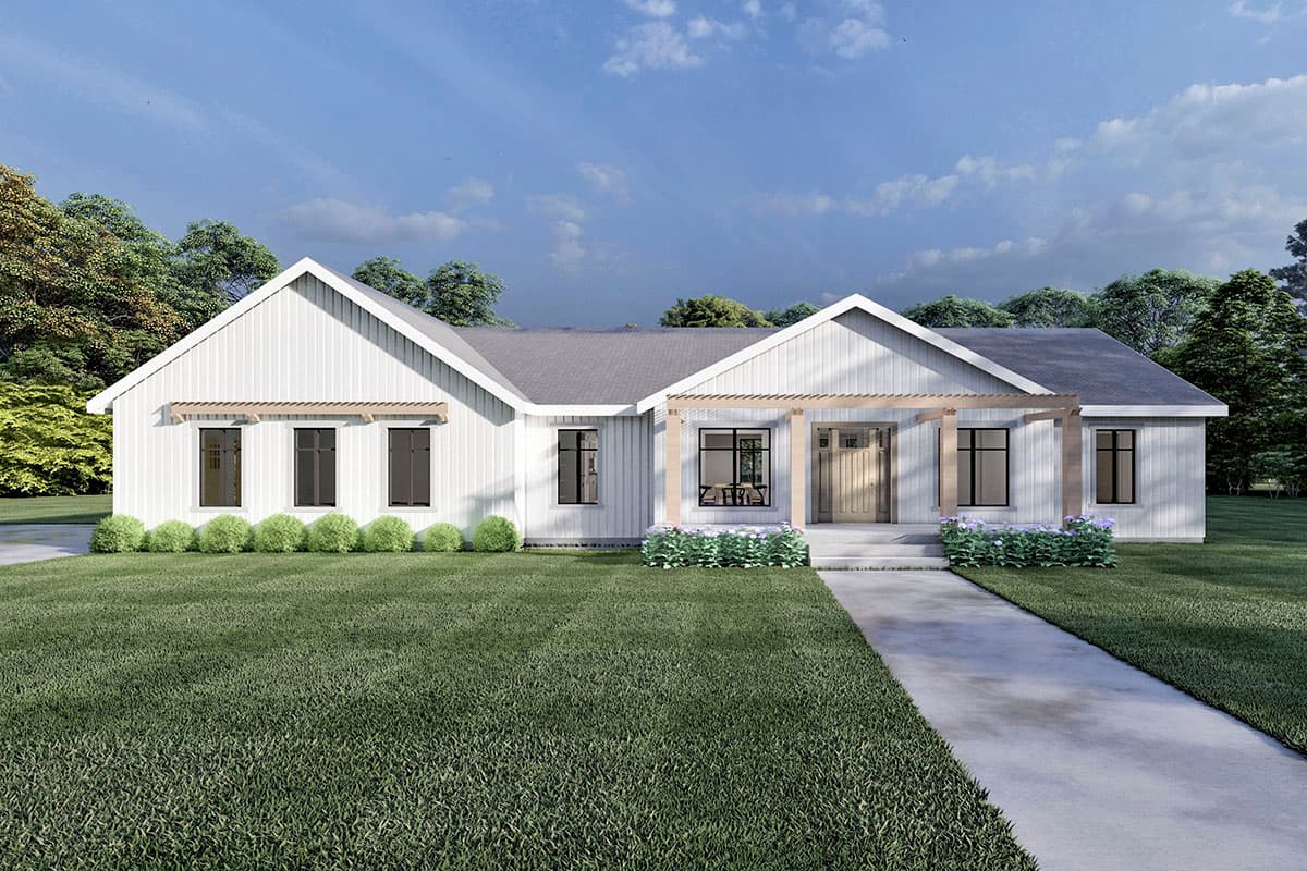 House plan exterior. Modern Farmhouse style with a single story, front porch with pergola, multiple gables, and a prominent roofline.
