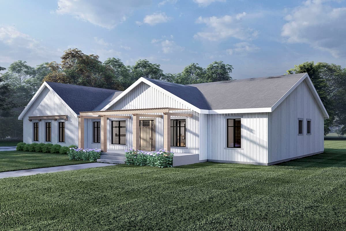 House plan exterior: Modern Farmhouse style, one story, with gabled rooflines, covered entry porch with pergola, and board and batten siding.