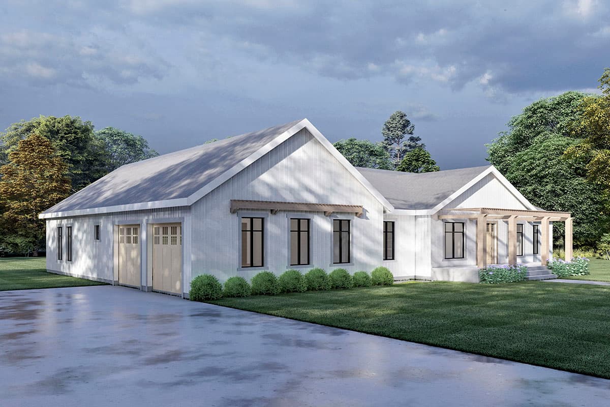 Modern Farmhouse house plan exterior, one story, with a two-car garage, gabled roof, and covered front porch.