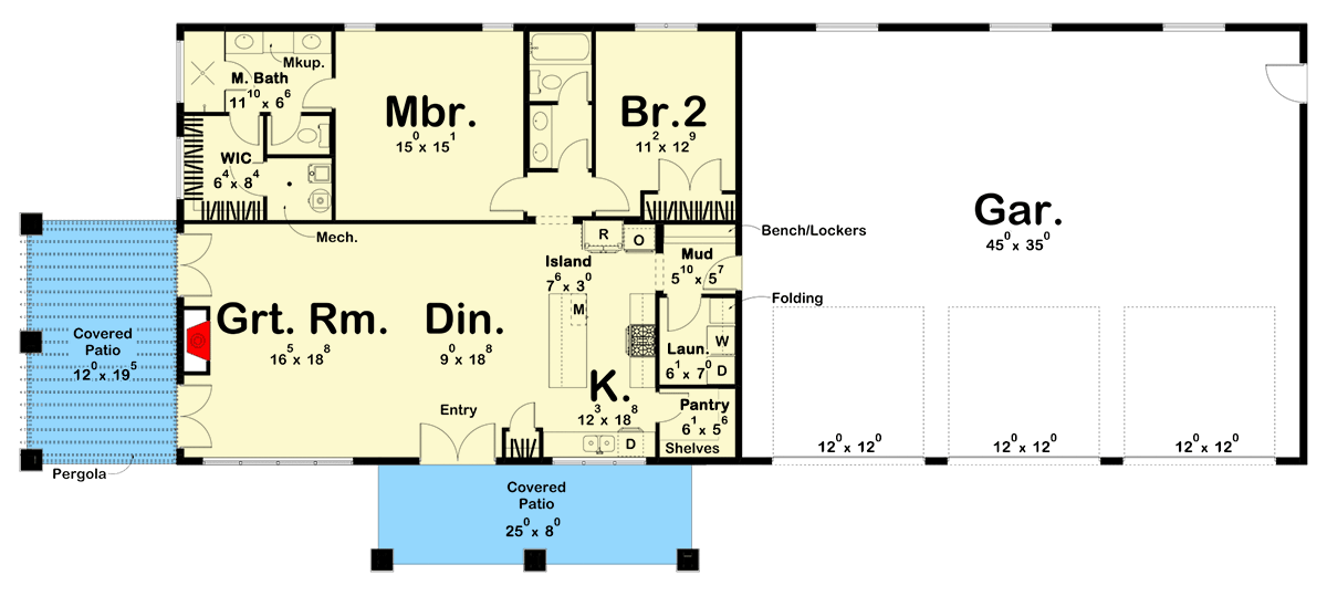 Plan 623142DJ: 2-Bed Barndominium-Style House Plan with Covered Patio and 3-Car Garage - 1575 Sq Ft - Floor Plan - Main Level - Barndominium, Country, Mid Century Modern, Modern, New American