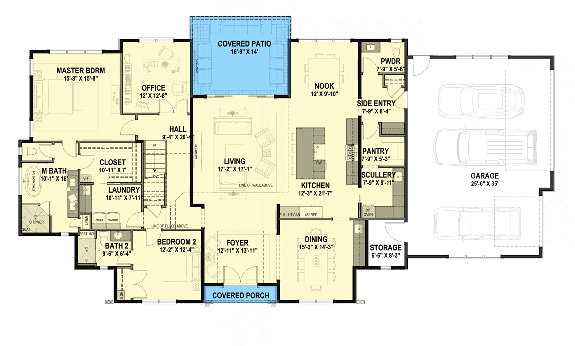Plan 64532SC: 4-Bed Transitional Home Plan Under 4,000 Square Feet - Floor Plan - Main Level - Acadian, Louisiana-Style, Southern, Traditional, Transitional