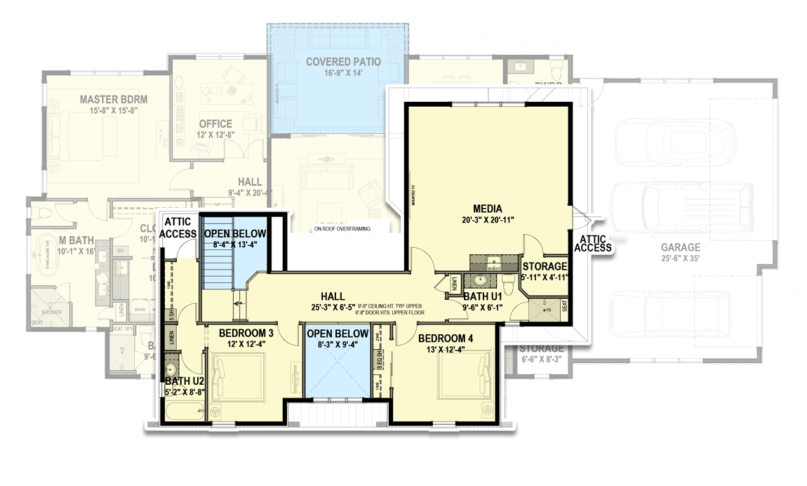 Plan 64532SC: 4-Bed Transitional Home Plan Under 4,000 Square Feet - Floor Plan - 2nd Floor - Acadian, Louisiana-Style, Southern, Traditional, Transitional