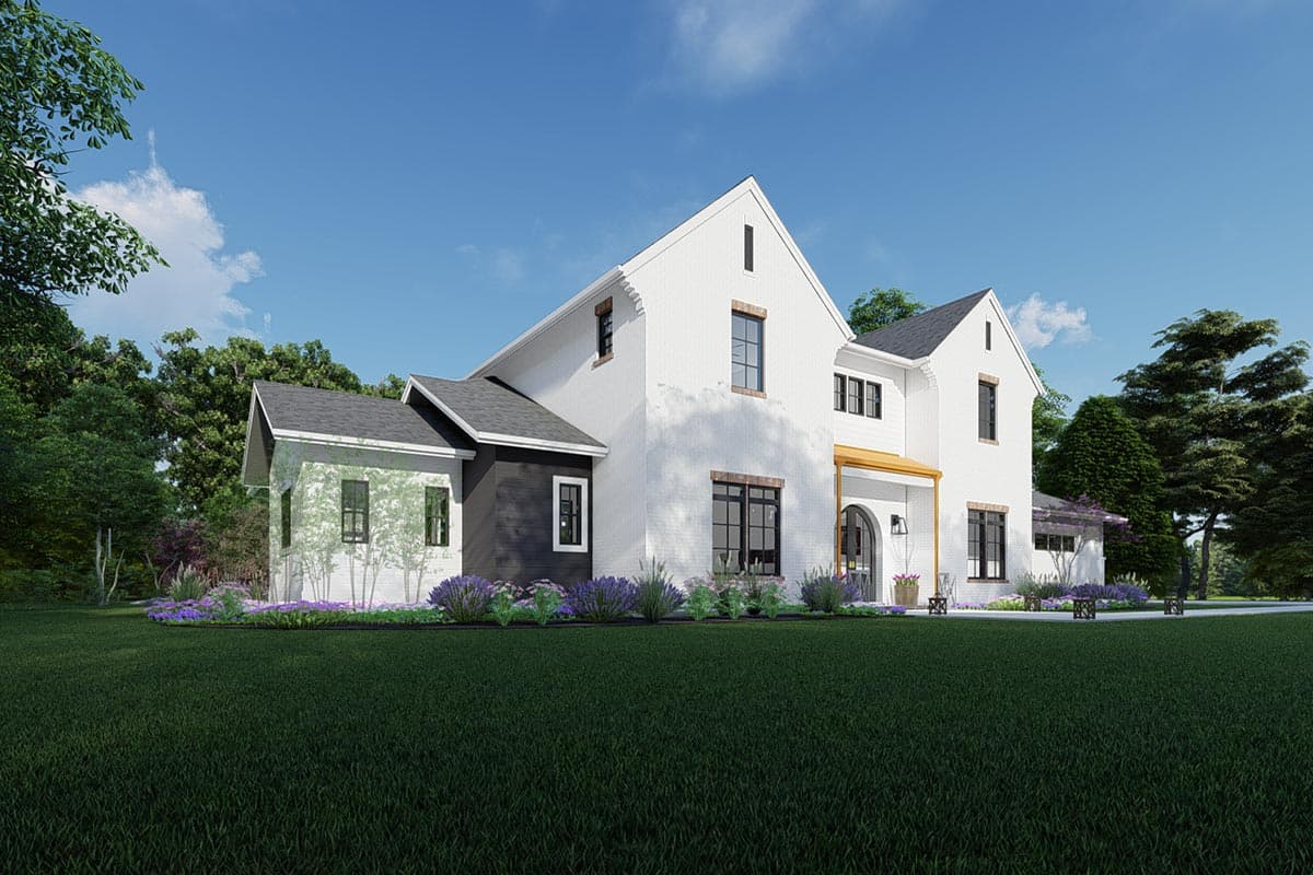 Modern Farmhouse house plan exterior with white brick, gables, dark siding, and a covered arch entry.