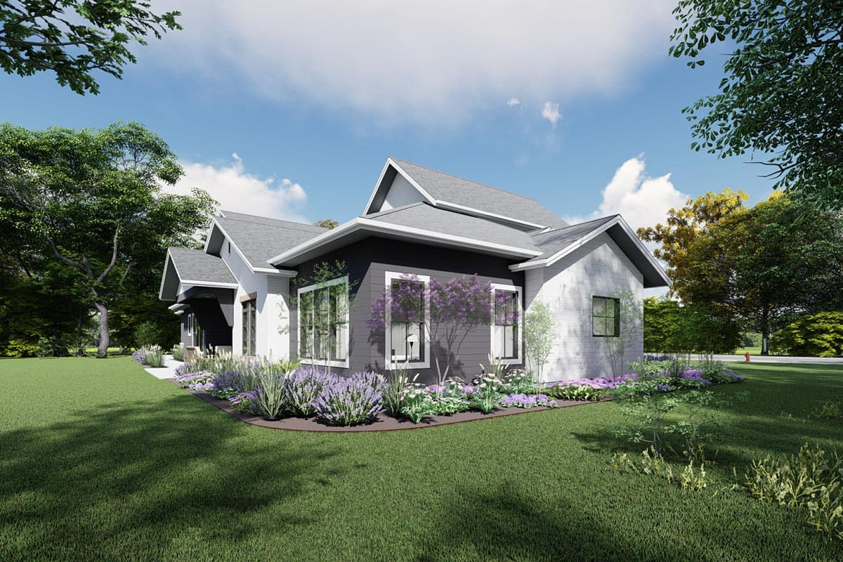 House plan exterior rendering of a one-story Modern Farmhouse with multiple gables, large windows, and horizontal siding.