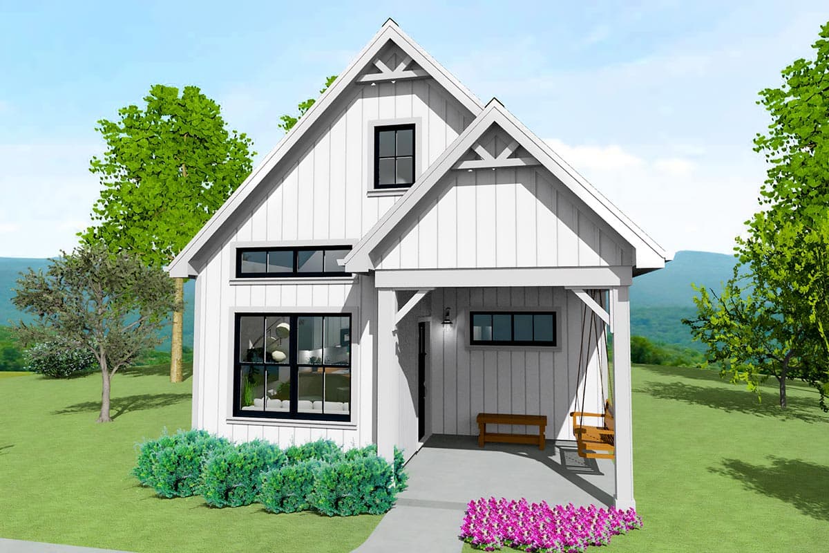 House plan exterior. Modern Farmhouse style with gabled roof, covered porch, and horizontal siding. Features include multiple black-framed windows.
