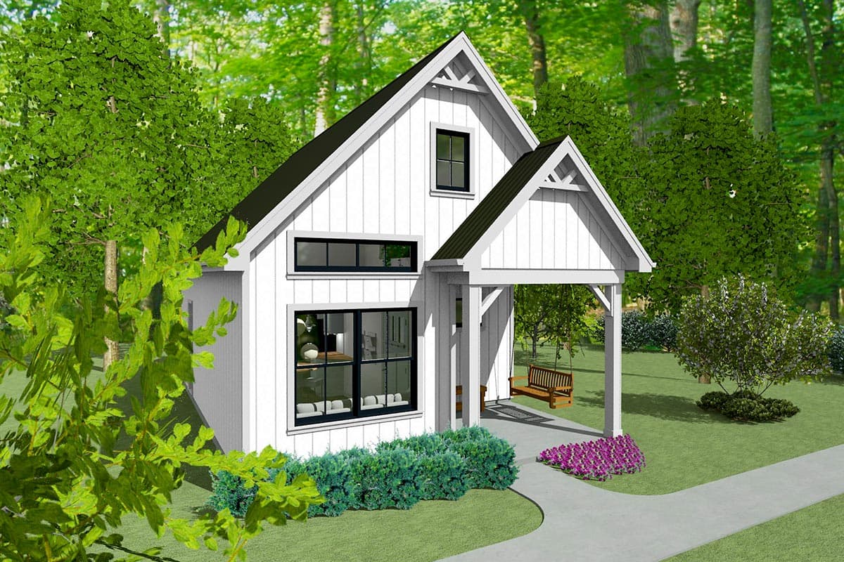 House plan exterior: Modern Farmhouse style, two stories, with gables, prominent front porch with swing, and dark-framed windows.