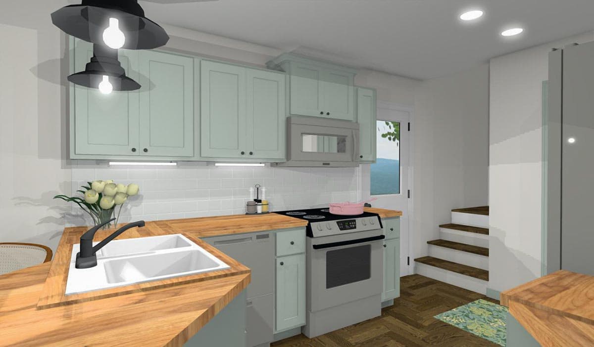 Kitchen rendering with light blue cabinets, wood countertops, stainless steel range, double sink, and stairs to upper level.