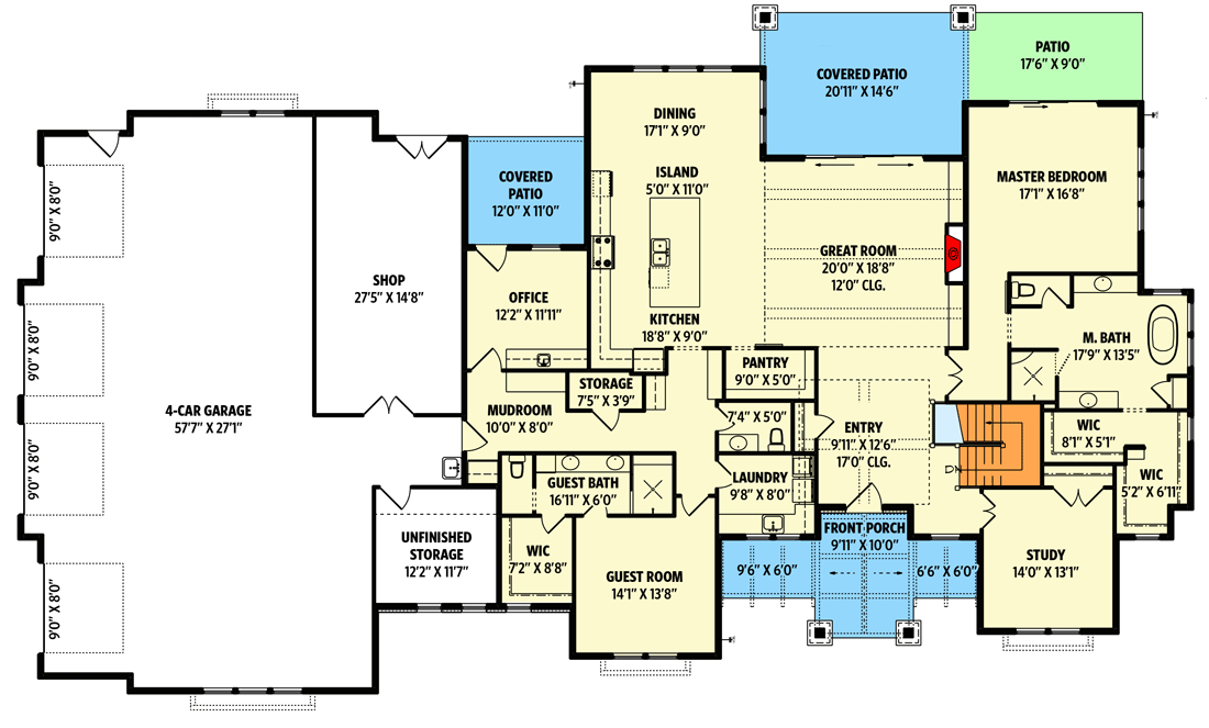 Plan 95177RW: Mountain Ranch Home Plan with Theater in Optional Lower Level - Floor Plan - Main Level - Country, Craftsman, Modern Farmhouse, Mountain, New American, Ranch, Rustic