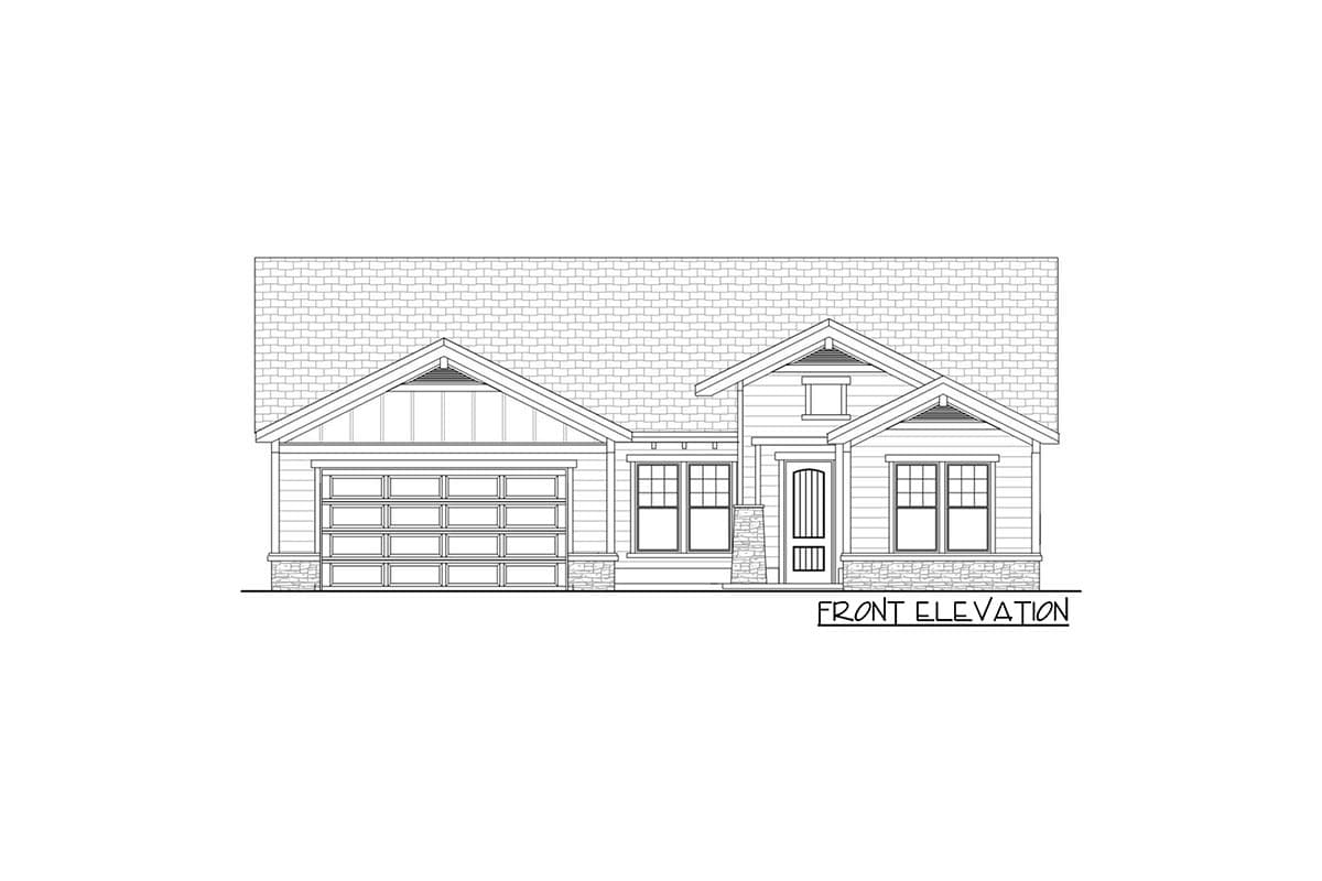 Front elevation drawing of a one-story house plan with a gable roof, attached garage, and stone accents.