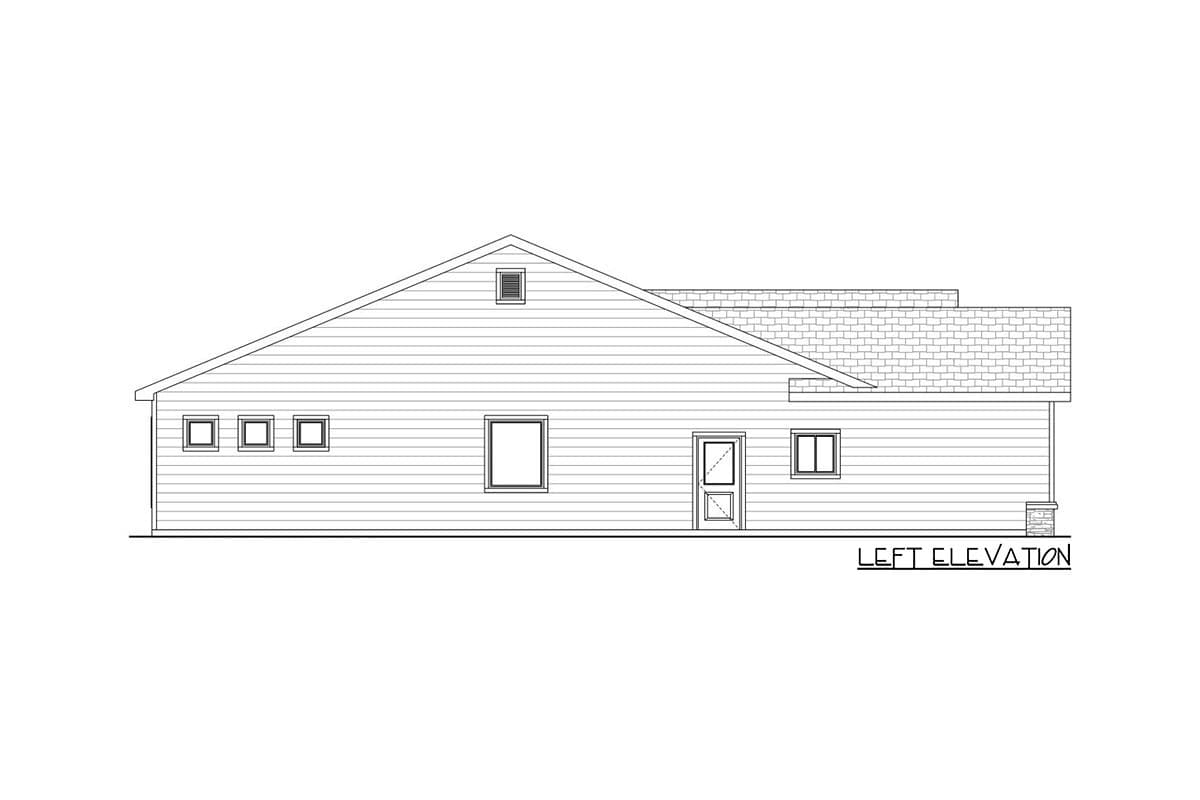 Left elevation house plan: One-story structure with a prominent gable roof, dormer vent, and a centered door with two windows.