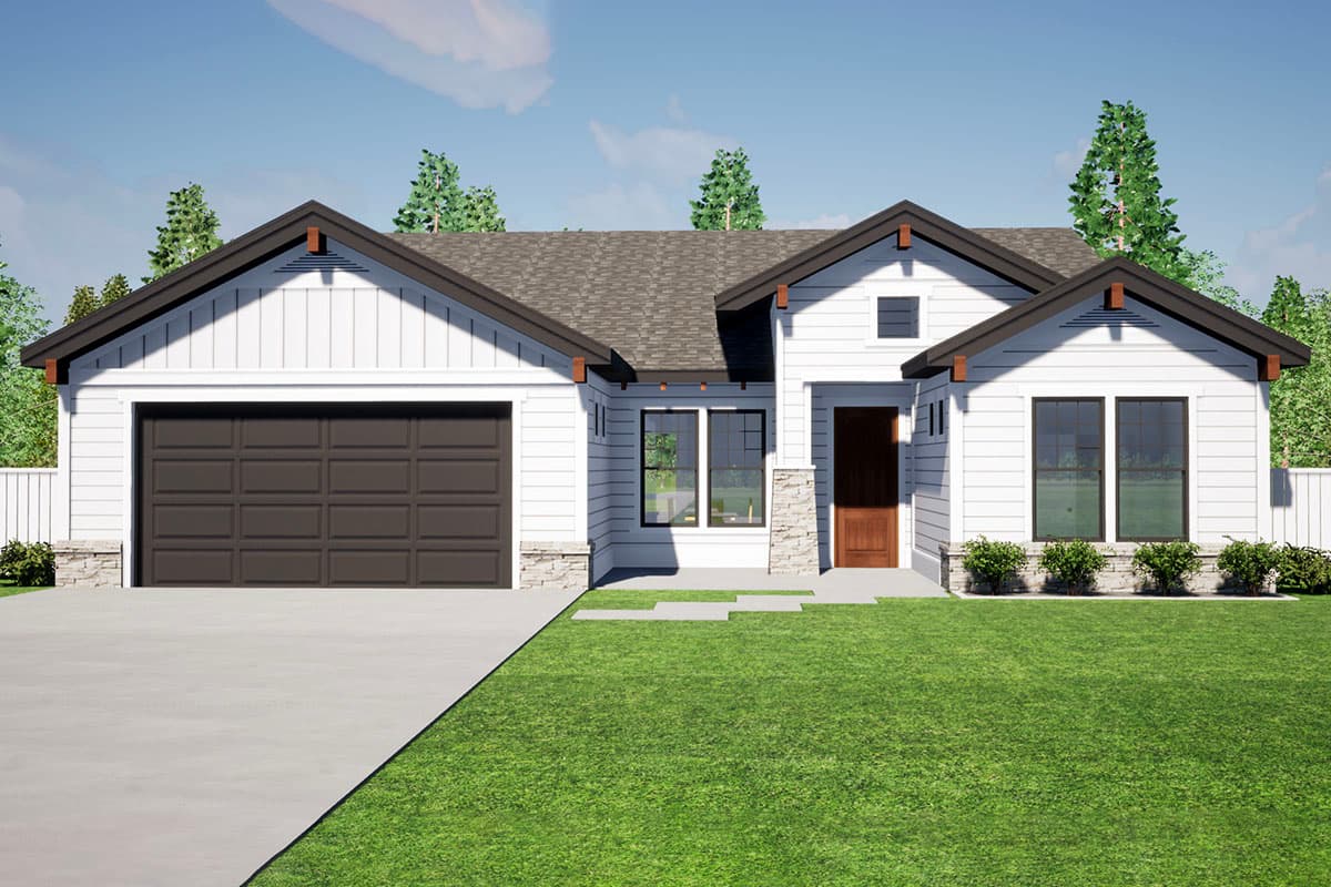 House plan exterior with Craftsman style. Features include a two-car garage, multiple gables, and a prominent roofline with dark trim accents.