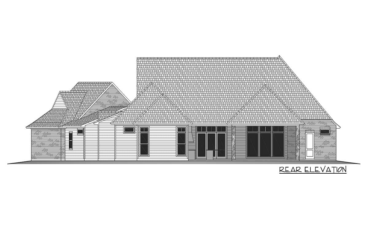 Rear elevation of a house plan showing multiple gables, wood siding, brick accents, and a covered patio.