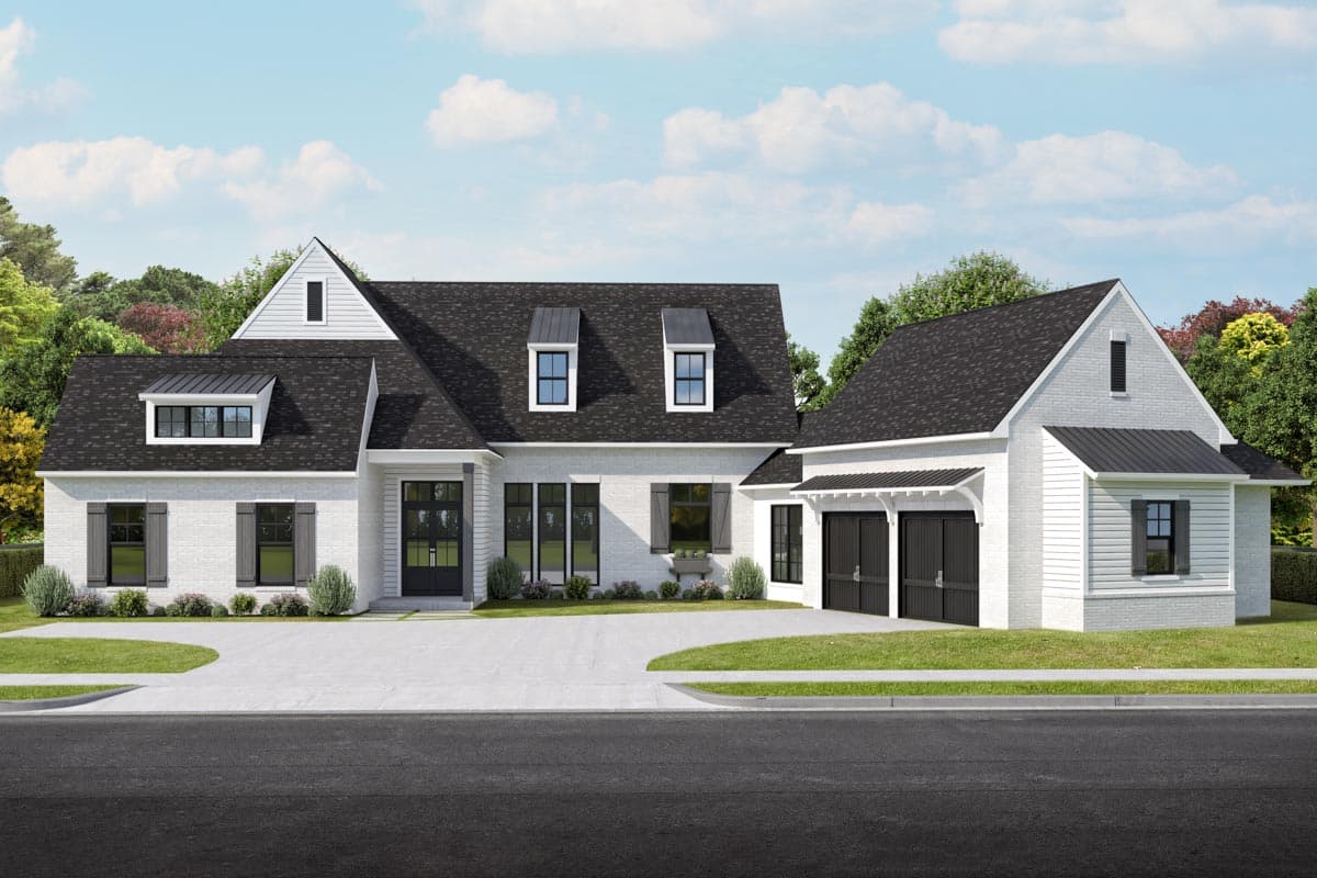 House plan exterior: Modern Farmhouse style, two stories, white brick, gabled dormers, and a detached three-car garage.