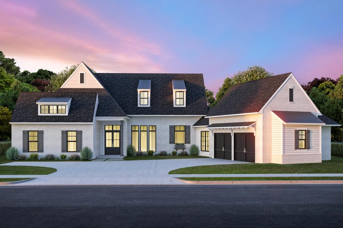House plan exterior with two stories, dormers, gables, and an attached garage with carriage-style doors. Modern farmhouse style.