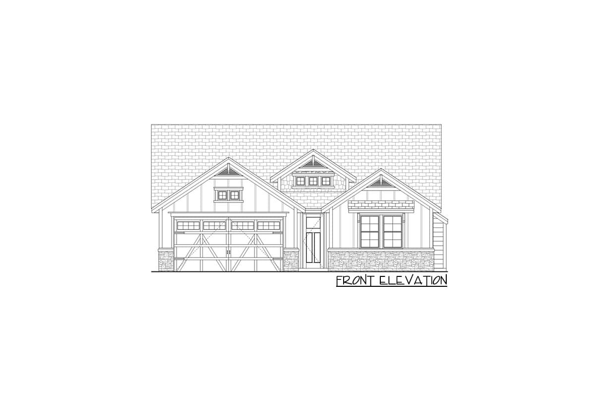 Front elevation house plan featuring a prominent gable, two-car garage with carriage-style doors, and stone accents.
