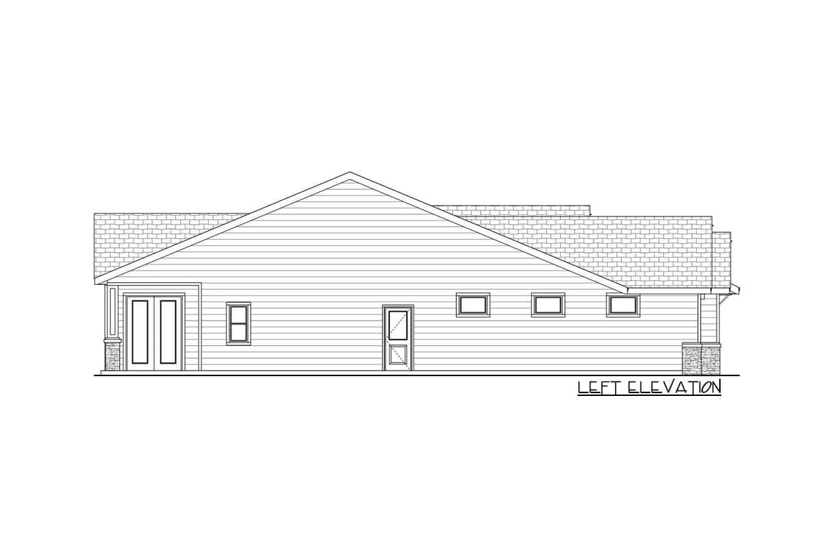 Left elevation of a single-story house plan, featuring double doors, multiple windows, and a gabled roofline.