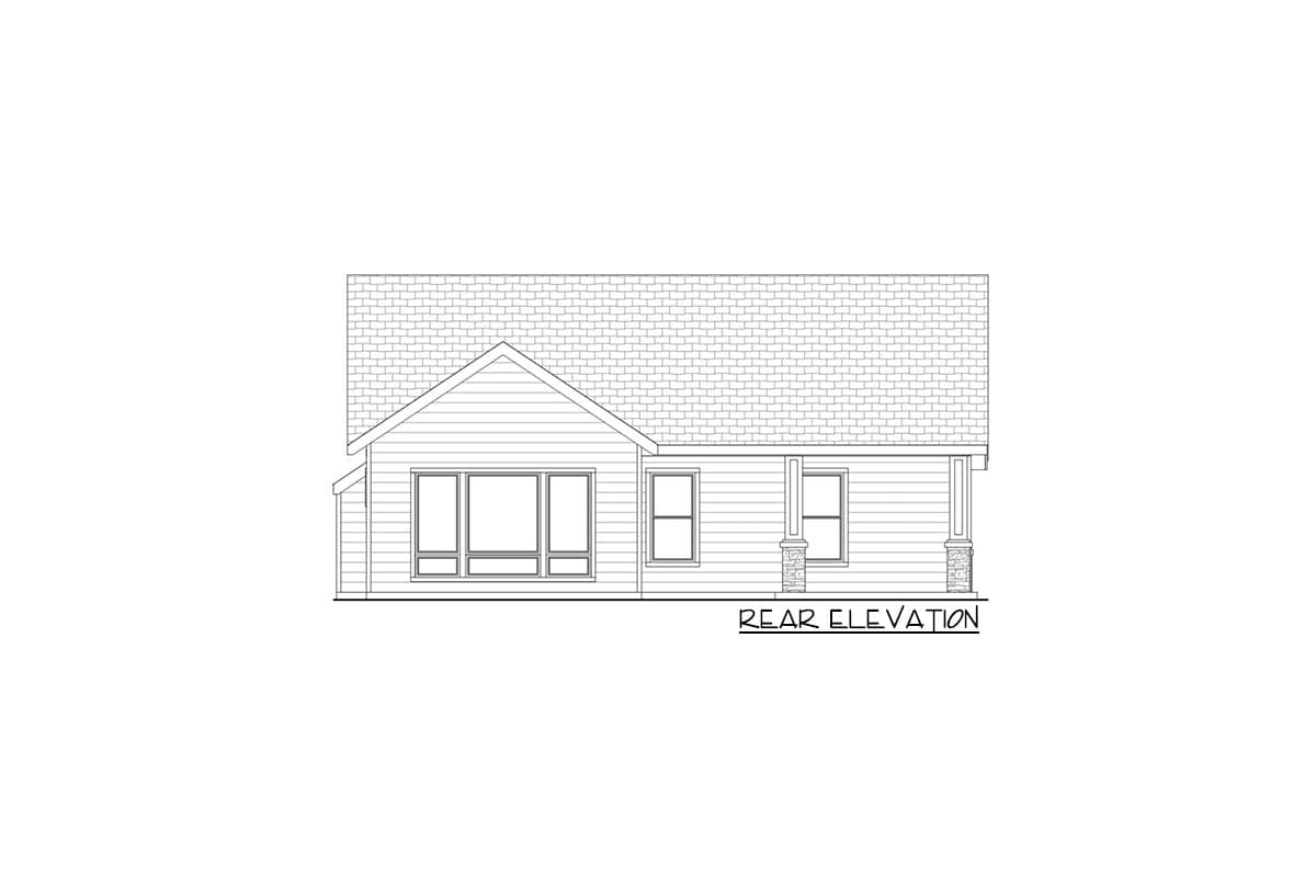 Rear elevation drawing of a house plan showing a gabled roof, large multi-pane window, and a covered porch with stone-accented columns.