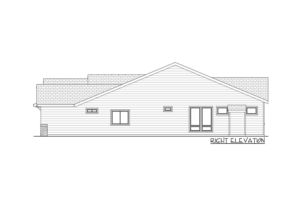 House plan right elevation. One-story design with horizontal siding, varied rooflines, and multiple windows.