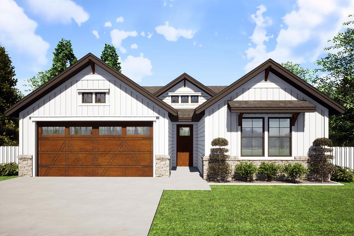 House plan exterior. Modern Farmhouse style with a single story, board-and-batten siding, gabled roof, and a garage with a wood-tone door.