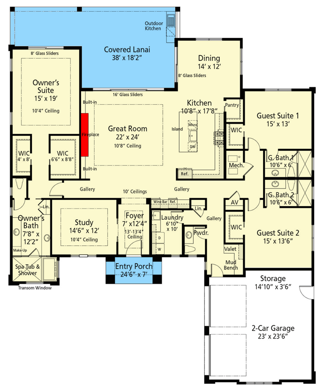 Plan 33248ZR: 3-Bed 3000 Square Foot Contemporary Craftsman Home Plan with Covered Rear Porch - Floor Plan - Main Level - Country, Craftsman, Hill Country, Mountain, New American, Ranch, Transitional