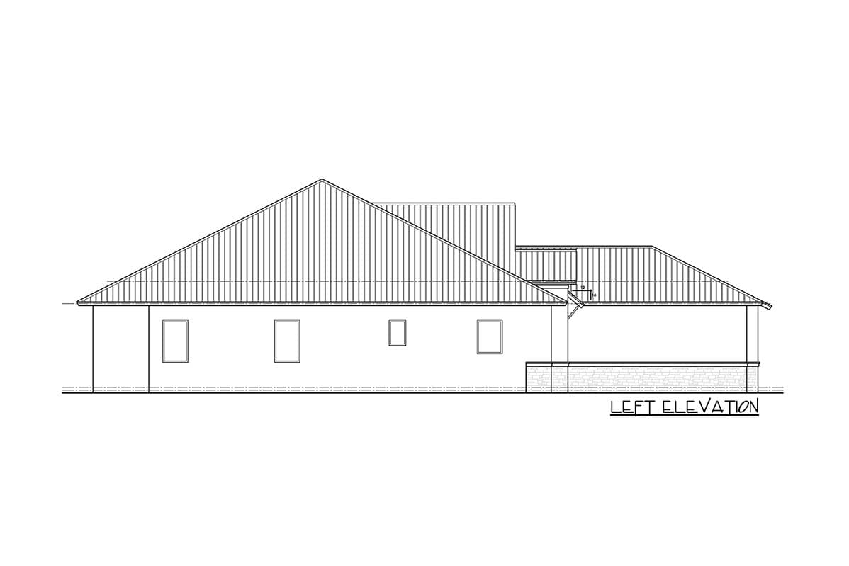 Left elevation house plan. Single story with multi-level rooflines, several windows, and a stone foundation.