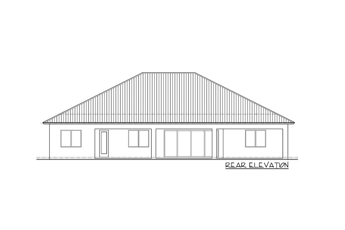 Rear elevation drawing of a house with a prominent hip roof, a central door, and several windows.