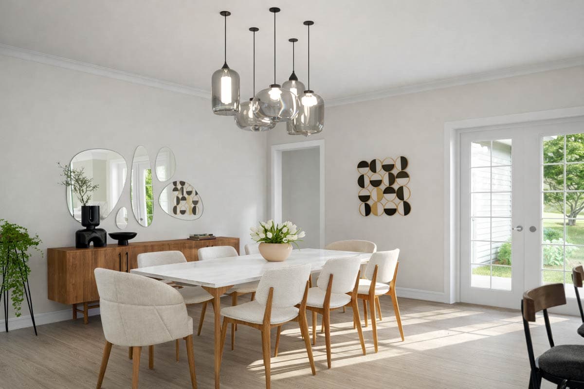 Dining room with a large table, multiple chairs, a sideboard, and double doors leading outdoors.