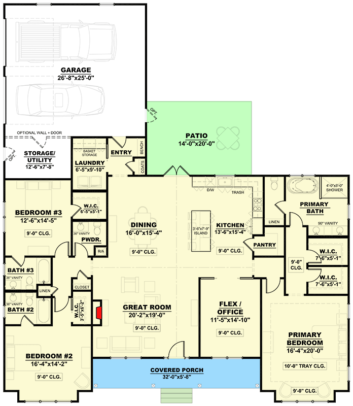 Plan 810008RBT: Modern Farmhouse Ranch House Plan with Flex Space and Rear Garage - Floor Plan - Main Level - Country, Modern Farmhouse, New American, Ranch, Traditional