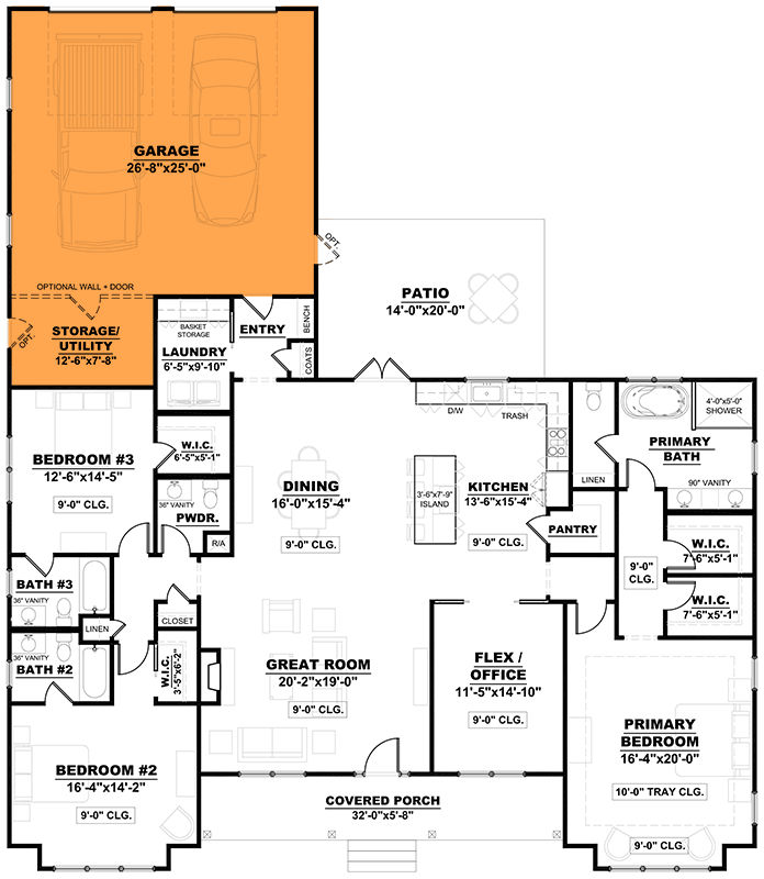Plan 810008RBT: Modern Farmhouse Ranch House Plan with Flex Space and Rear Garage - Floor Plan - Optional Rear Entry Garage - Country, Modern Farmhouse, New American, Ranch, Traditional