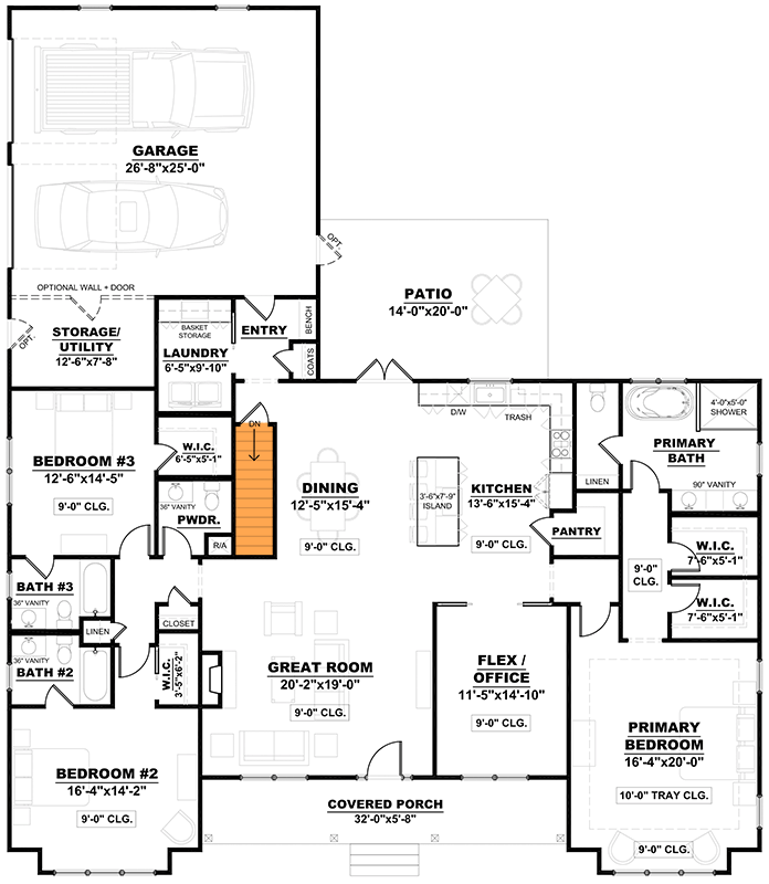 Plan 810008RBT: Modern Farmhouse Ranch House Plan with Flex Space and Rear Garage - Floor Plan - Main Level - Basement Stairs Location - Country, Modern Farmhouse, New American, Ranch, Traditional