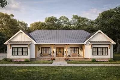 Modern Farmhouse Ranch House Plan with Flex Space and Rear Garage