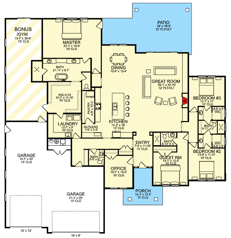 Plan 580035DFT: 4-Bed Modern Farmhouse Plan with Home Office and Gym - 3415 Sq Ft - Floor Plan - Main Level - Craftsman, Modern Farmhouse, Mountain, New American, Ranch