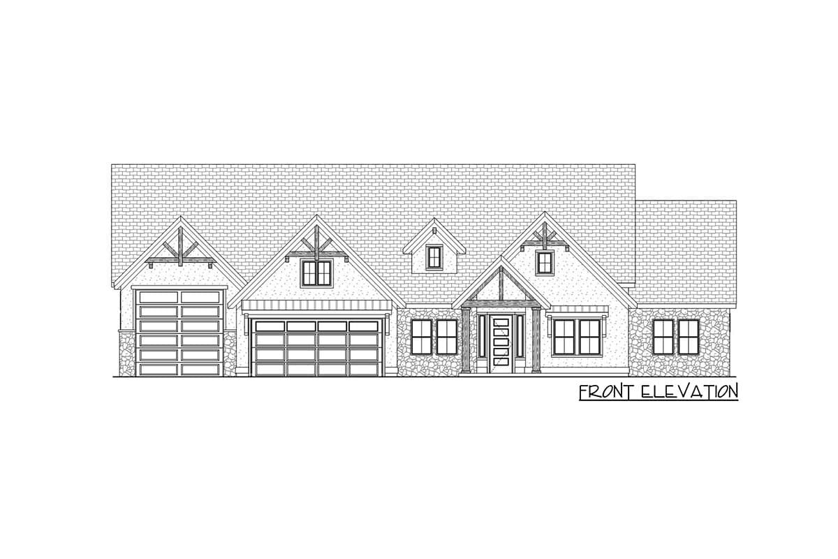 Front elevation drawing of a one-story house with two garages, gables, dormers, and stone accents.