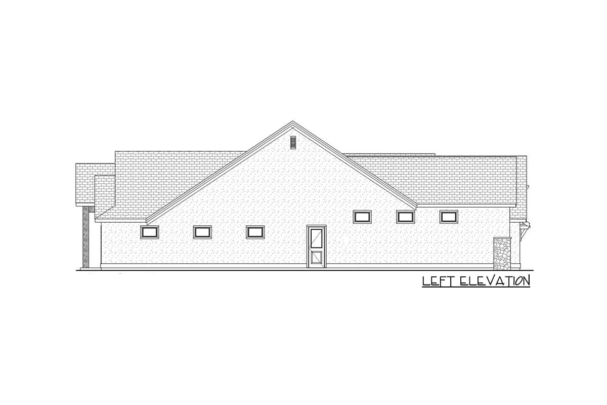 Left elevation drawing of a single-story house with varied rooflines, multiple windows, and a central door.