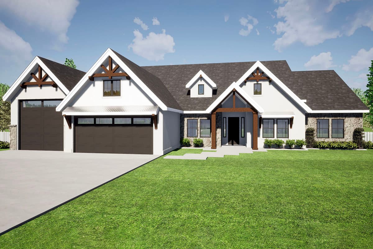 House plan exterior. Modern farmhouse style with gabled roof, two-car garage, and timber-framed entry porch and garage details.