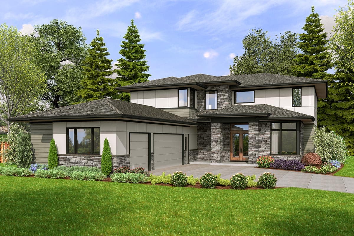 House plan exterior with modern design. Two-story home with a stone facade, flat roof, and attached garage. Large windows and a covered entry.