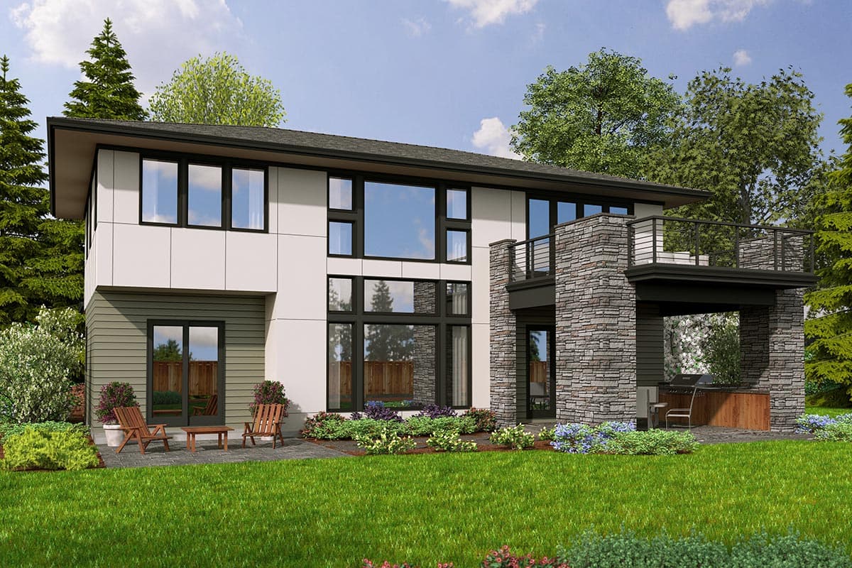 Modern house plan exterior with two stories, large windows, stone accents, and a balcony with railing.
