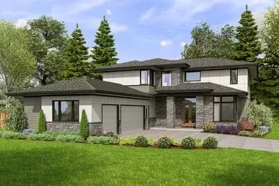 4 Bed Modern Prairie-style House Plan with Outdoor Kitchen and Fireplace