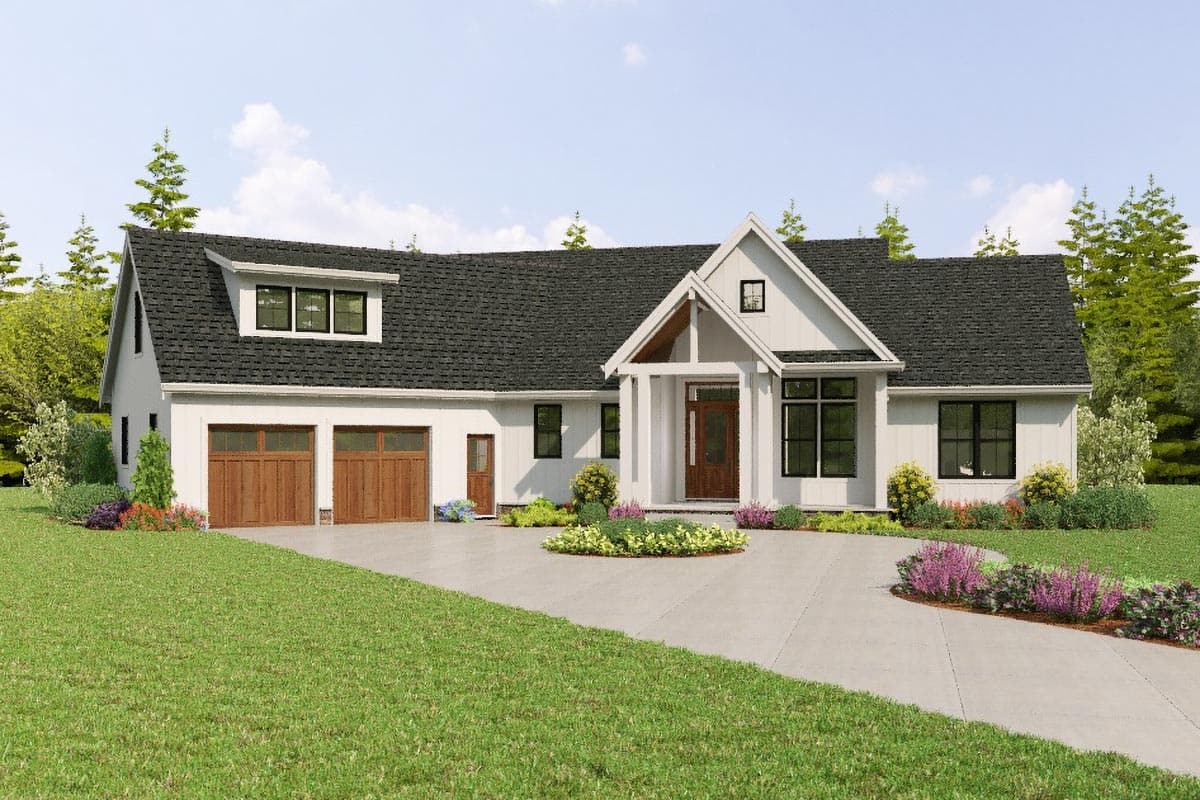 House plan exterior: Modern Farmhouse style, one-story with attached two-car garage, prominent gables, and covered entry.