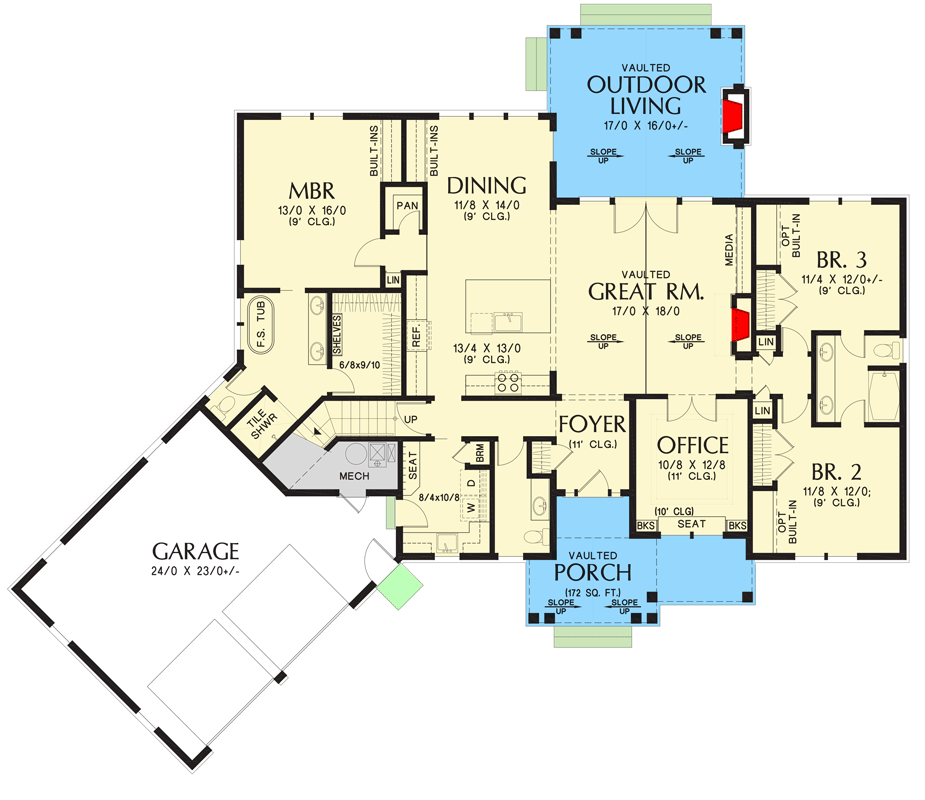Plan 69277AM: 3-Bed Craftsman Rambler with Home Office and Angled Garage - 2233 Sq Ft - Floor Plan - Main Level - Country, Farmhouse, Modern Farmhouse, New American, Ranch, Traditional
