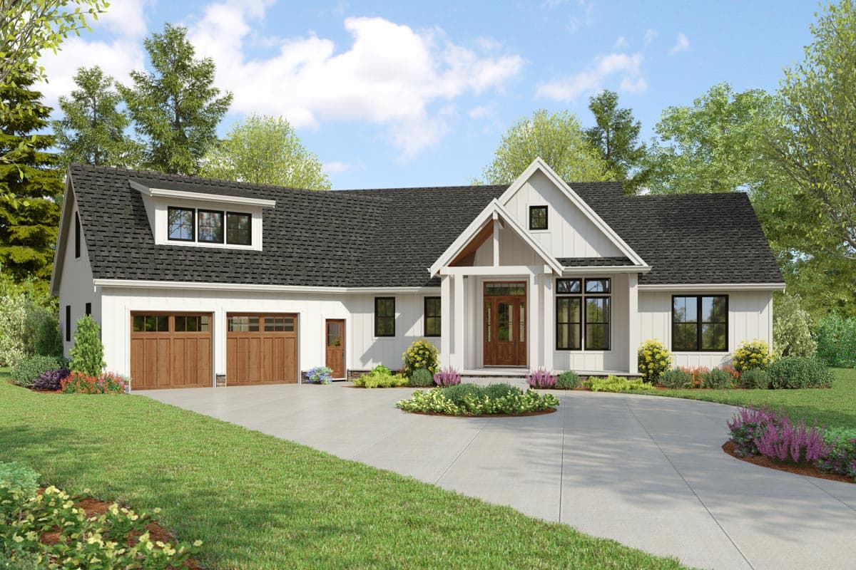 House plan exterior. Modern Farmhouse style, single story. Features include a front-facing gable, dormer, and attached garage with wood doors.