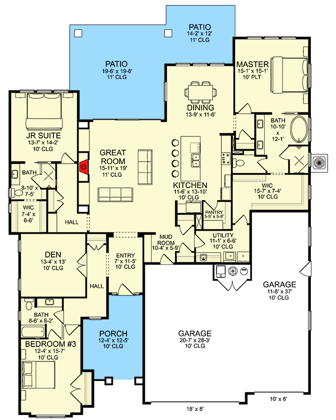 Plan 580036DFT: 3-Bed Ranch Plan under 2,800 Square Feet of Living Space - Floor Plan - Main Level - Craftsman, New American, Ranch