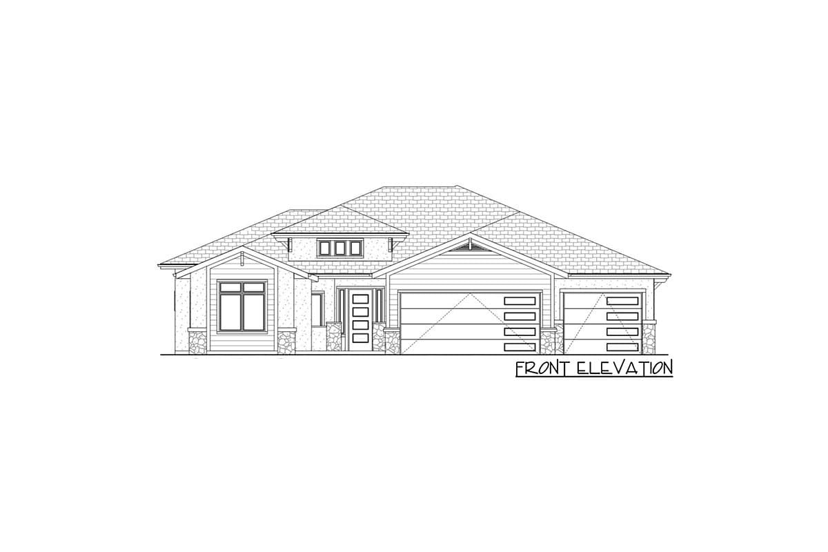 Front elevation drawing of a one-story house with a prominent gable, stone accents, a covered entryway, and a three-car garage.