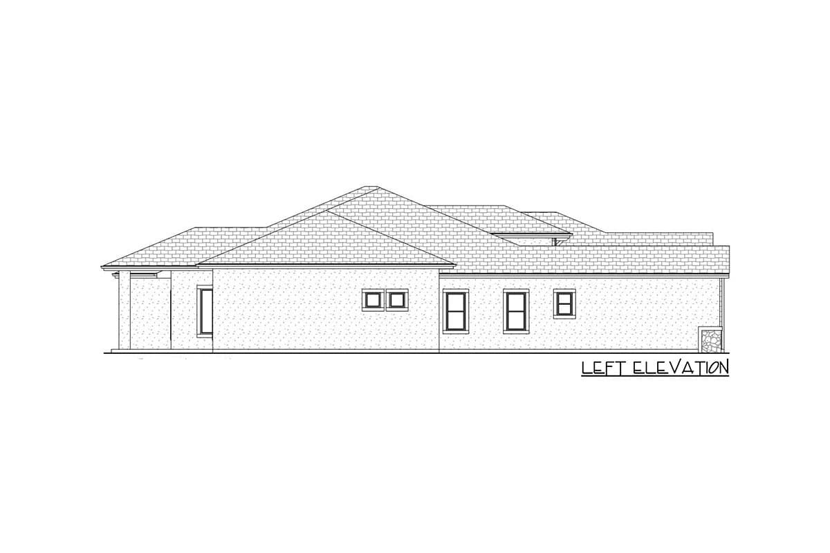 Left elevation house plan drawing showing a single-story structure with hip rooflines, multiple windows, and a covered entryway.