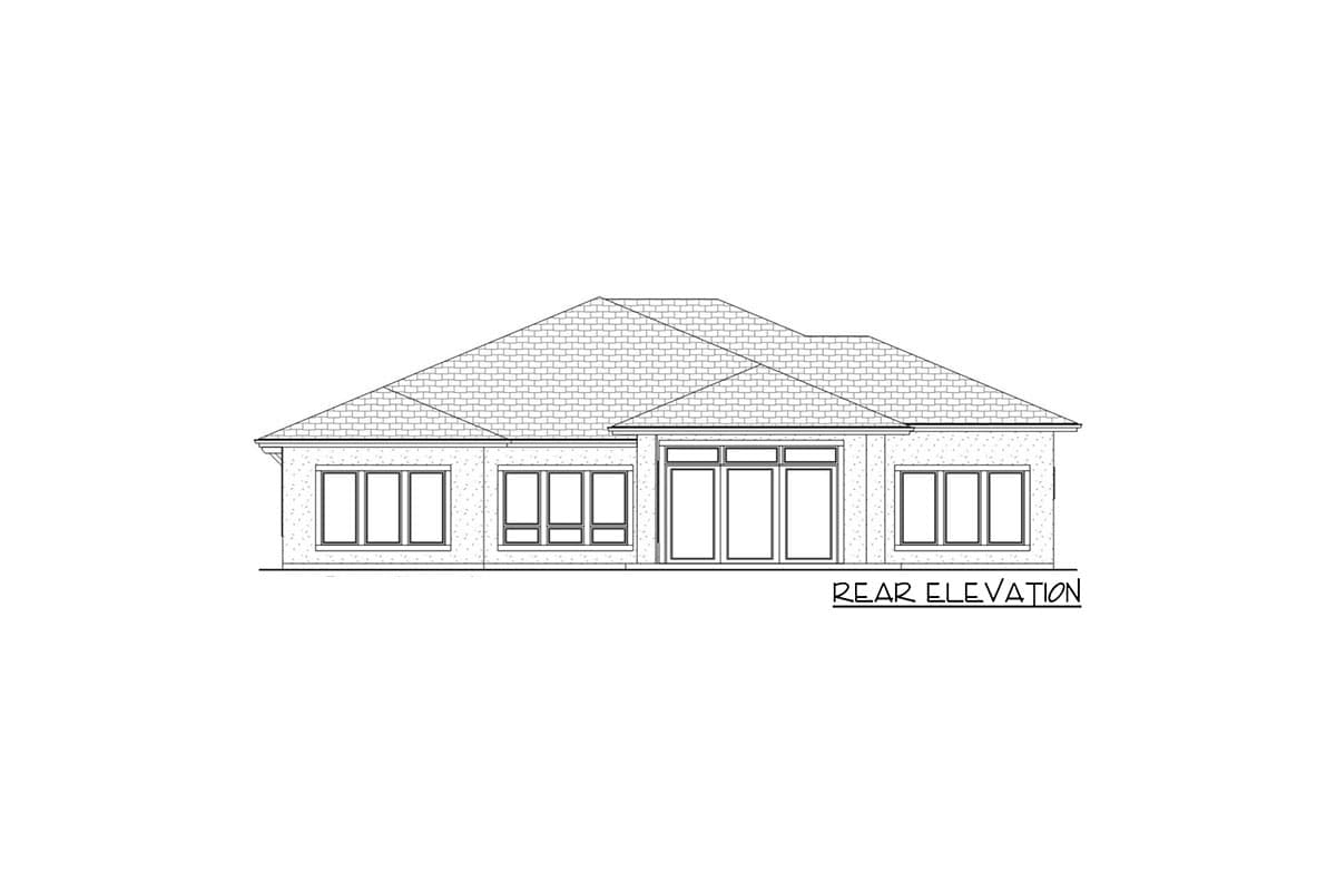 Rear elevation drawing of a house plan with a hip roof, multiple windows, and a central glass door system.