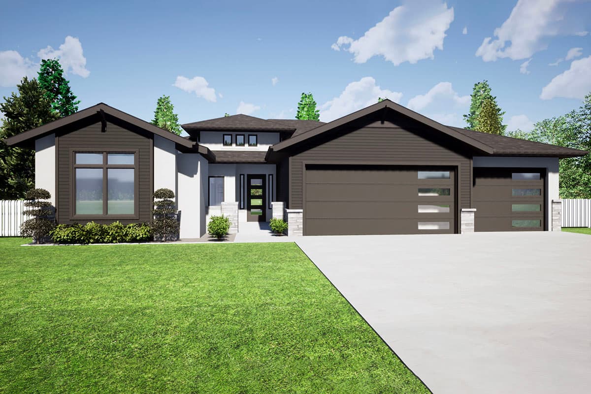 House plan exterior. Modern style, one story. Features include multiple gables, a two-car garage, and a covered entry. Windows and siding are visible.