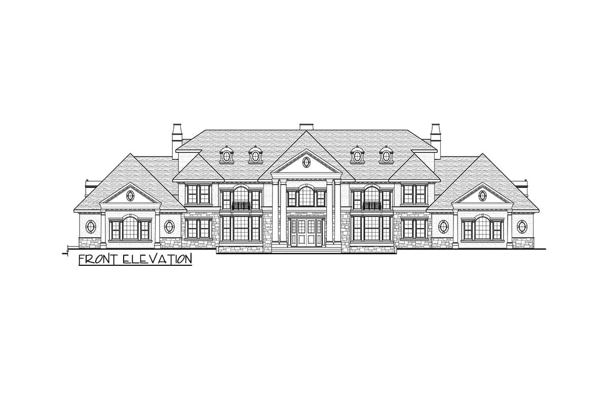 Front elevation drawing of a large two-story house with a central portico, multiple gables, dormers, and balconies.