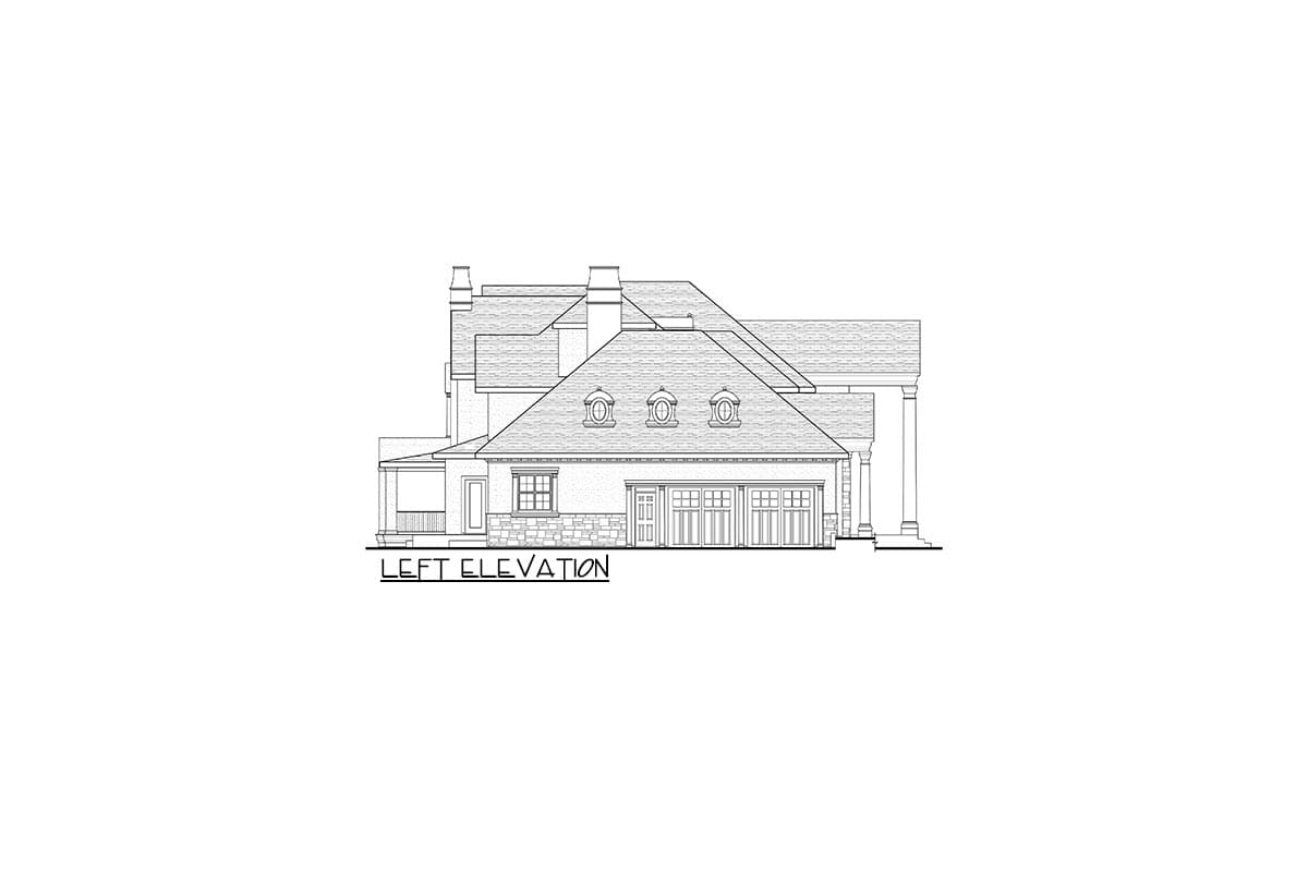 Left elevation house plan drawing showing a multi-story house with dormers, gabled roof, stone accents, and a three-car garage.